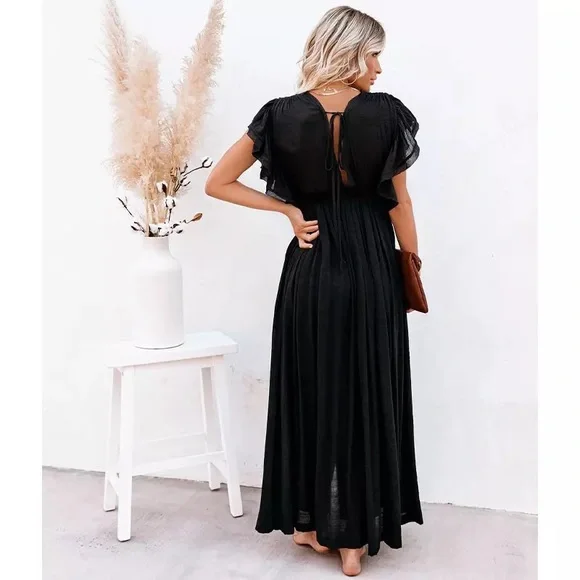 SOLD OUT Black Gauze Boho Raw Hem Button Maxi Dress - Picture 5 of 8